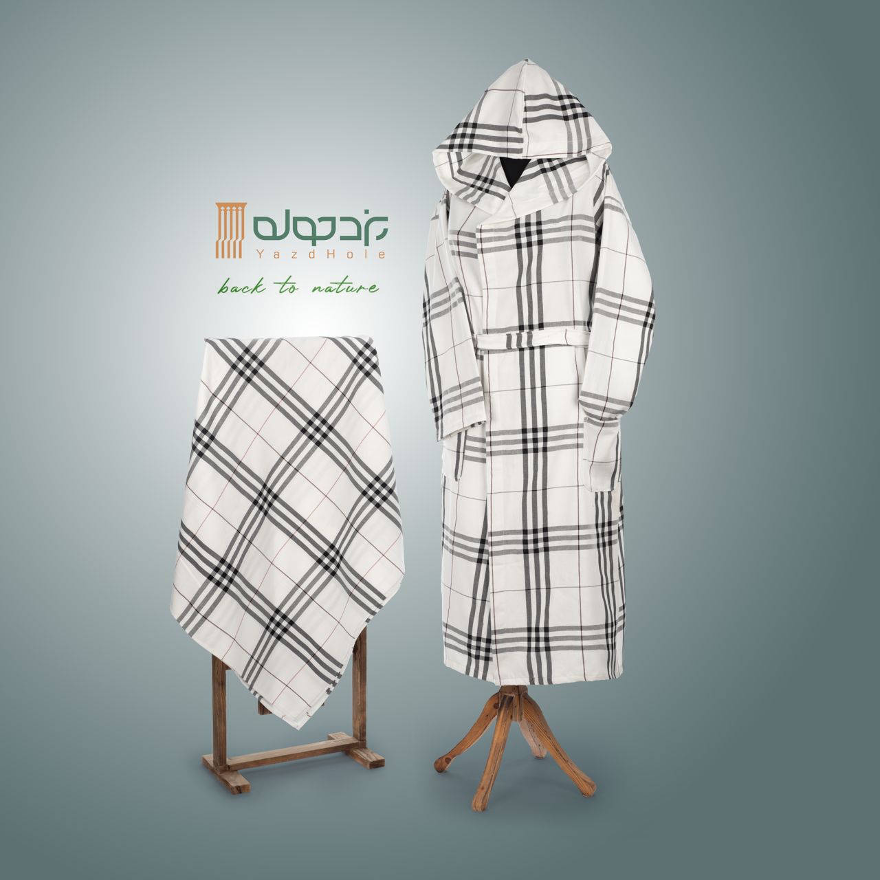 حوله تنپوش نخی سنتی یزدی طرح چهارخونه فلورا سفید (صادراتی)