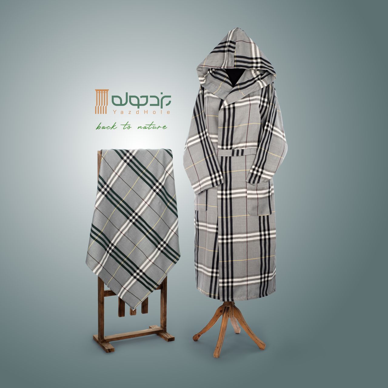 حوله تنپوش نخی سنتی یزدی طرح چهارخونه فلورا خاکستری (صادراتی)