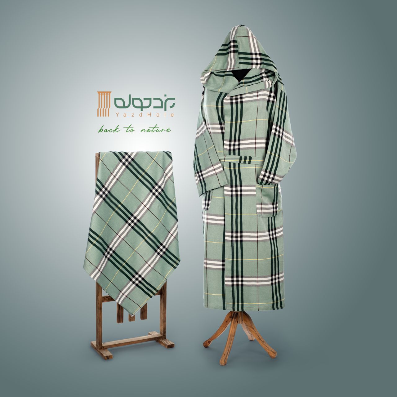 حوله تنپوش نخی سنتی یزدی طرح چهارخونه فلورا سبز یشمی (صادراتی)